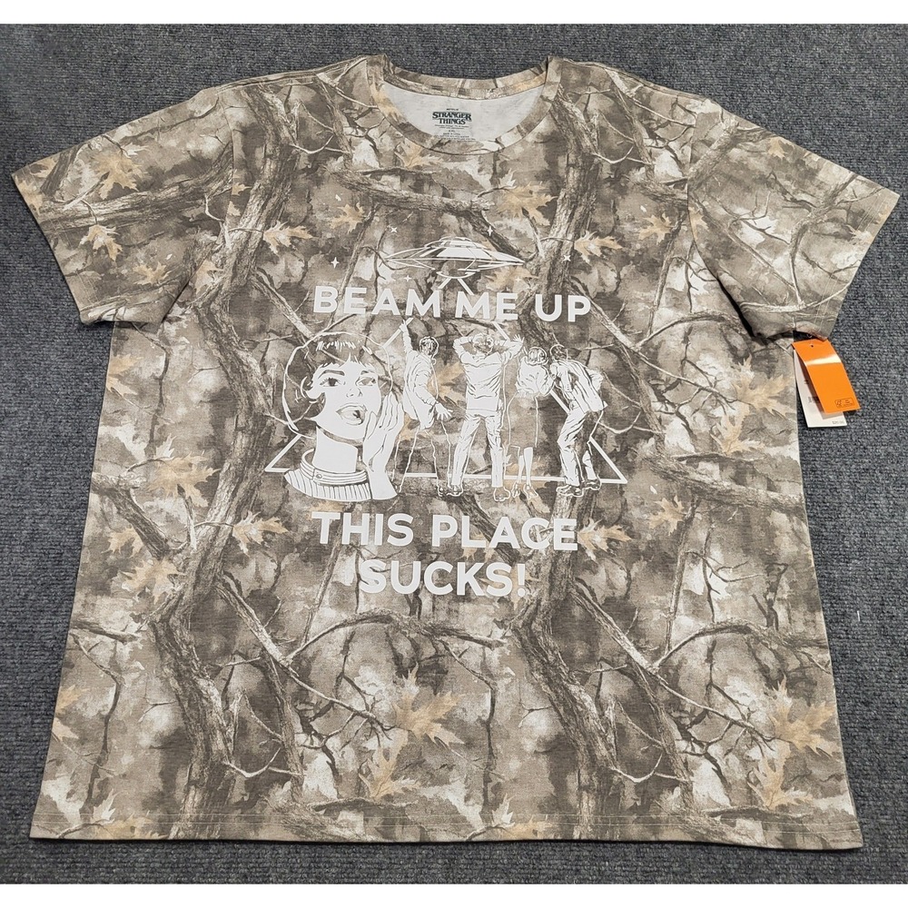 Stranger Things Men's Camouflage "Beam Me Up, This Place Sucks" T-Shirt Size XXL